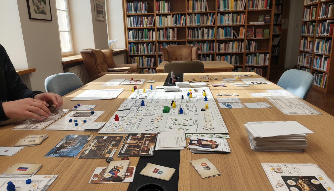 shows board game prototype on the table