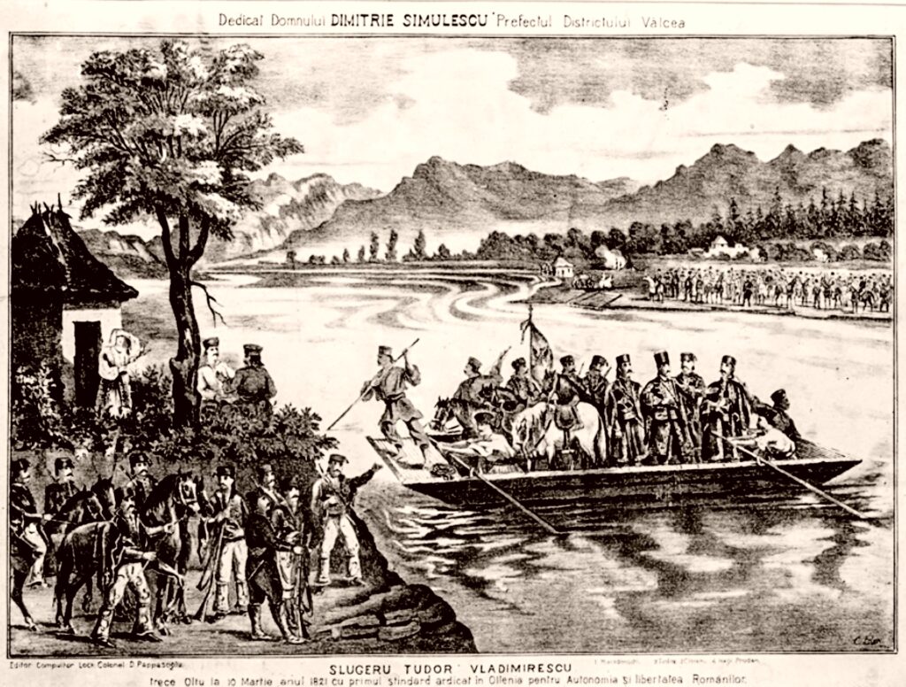 A 19th-century Romanian lithograph by Carol Isler showing Tudor Vladimirescu and his pandurs crossing the Olt river by boat, horses and a raised standard aboard, armed men gathered on the near bank and a long column waiting beyond. Romanian captions frame the scene, naming Tudor and the crossing of 10 March 1821, "for the autonomy and liberty of the Romanians."