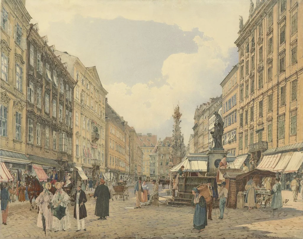 Watercolour view of the Graben, a wide cobbled street in central Vienna, by Rudolf von Alt. Tall pale Baroque townhouses with awnings and market stalls line both sides, and the ornate Plague Column rises in the middle distance. The street is busy with everyday life: elegantly dressed strollers with a green parasol in the foreground, a horse-drawn carriage, and a woman carrying a large basket by the fountain.